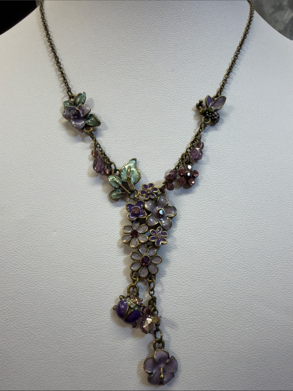 Floral Statement Necklace • Purple & Lavender • Crystal Accents • Excellent Cond